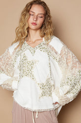 POL Star Patch Lace Contrast Long Sleeve Hooded Top Ivory Multi OutfitFlow